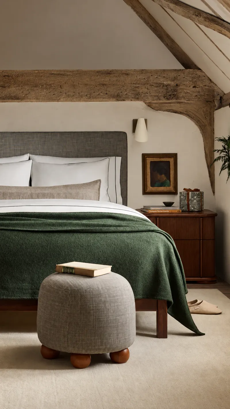 Calm bedroom under timber beams with a green wool blanket and a nightstand