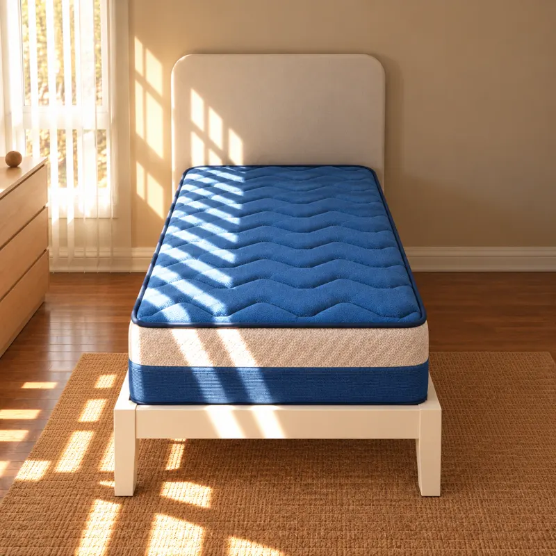 Twin mattress with a blue quilted top on a white bed frame, front view in a sunlit bedroom